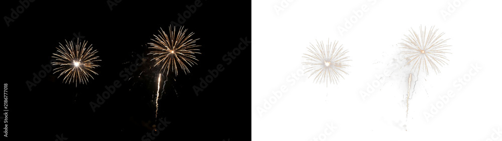 Fototapeta premium Two golden fireworks explosions in the night sky, one with a visible trail, isolated on transparent background
