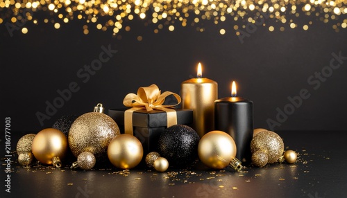 Elegant Black and Gold Festive Composition with Sparkling Christmas Baubles, a Luxury Gift Box, and Glowing Candles on a Dark Background