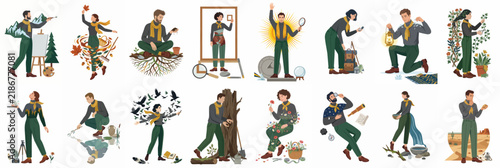 Vector illustration set of scouts and outdoor enthusiasts performing various activities including painting, gardening, birdwatching, and exploring nature against a white background.