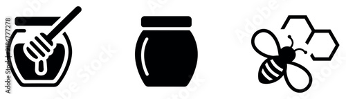 Quadro su tela Honey Pot and Bee Icons: A set of simple, clean black and white icons featuring a jar of honey with a dipper, an empty honey jar, and a bee with honeycomb