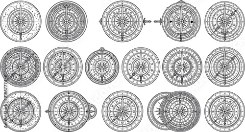 Bild auf Leinwand Vintage Nautical Compasses and Ancient Maritime Astrolabes Line Art Icon Set for