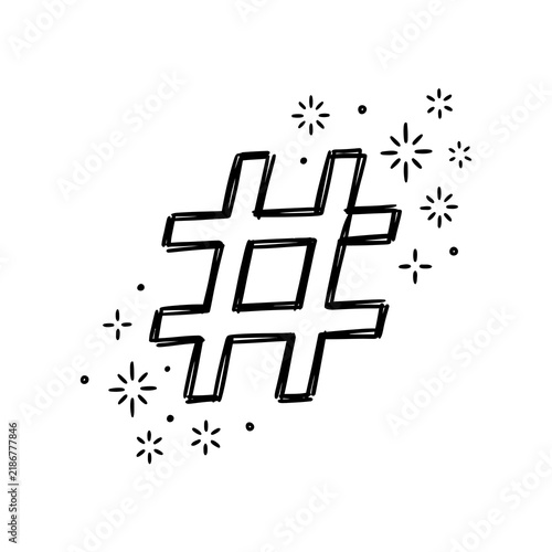 Quadro su tela Cute Hand Drawn Hashtag Symbol Doodle with Magic Sparkles and Stars Vector