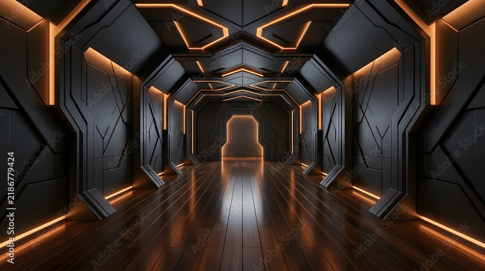 Fototapeta premium Futuristic dark scifi corridor with glowing orange neon lights and polished wooden floor, 3d render of a modern spaceship interior hallway