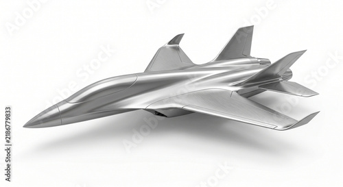 Conceptual silver fighter jet 3D model isolated on white background, modern supersonic military aircraft design