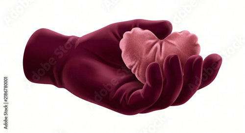 A compassionate hand, covered in a rich burgundy glove, delicately cradles a soft pink fabric heart, symbolizing love, care, and heartfelt offering, emphasizing tenderness and support