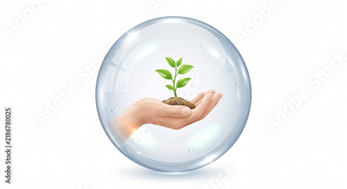 Human hand holding a green sprout with soil inside a transparent glass bubble symbolizing environmental protection and ecology