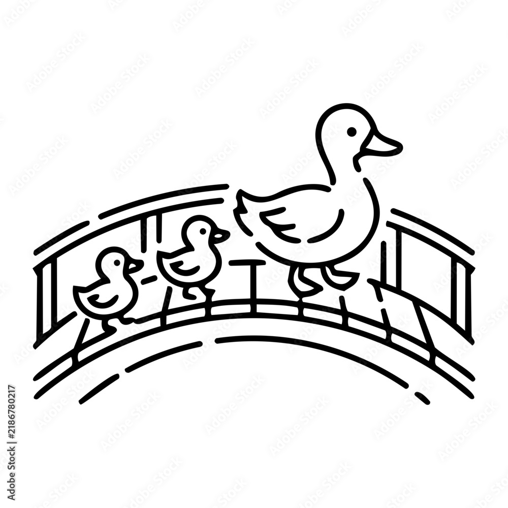 Fototapeta premium Cute Duck and Ducklings Walking on a Bridge in Simple Line Art