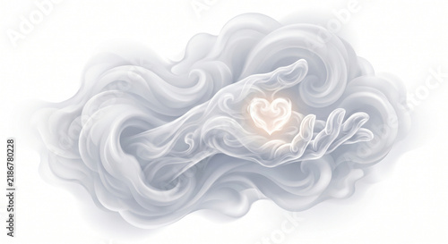 Ethereal cloud hand gently cradling a glowing heart, spiritual love concept illustration on white background