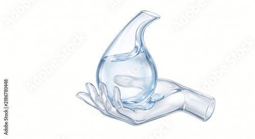 Human hand gently cradling a transparent water droplet, symbolizing environmental care, precious resource conservation, and the purity of life's essential liquid element for a sustainable future