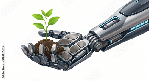 Futuristic Robotic Hand Holding a Small Green Plant Sprout Symbolizing Artificial Intelligence and Environmental Sustainability