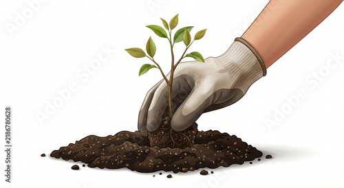A gloved hand carefully planting a young sapling into the nutrient rich dark soil representing sustainable growth and environmental conservation