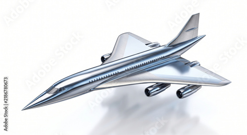 Futuristic Supersonic Jet Airplane Concept with Sleek Aerodynamic Chrome Body on White Studio Background