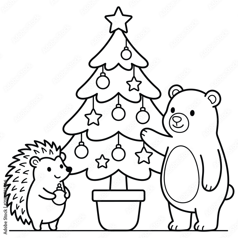 Fototapeta premium Cute Bear and Hedgehog Decorating Christmas Tree Line Art Vector Illustration
