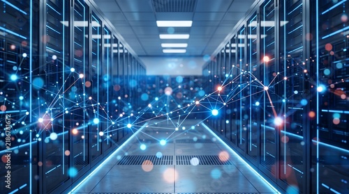 Server room with glowing network data visualization