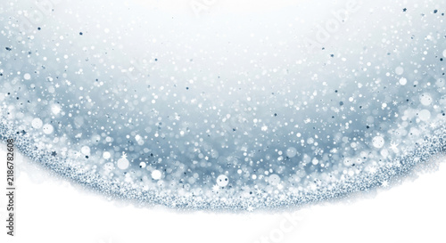 photorealistic silver glitter and cascading white/ice blue bokeh lights floating on a high-key winter gradient background with extreme shallow dof. concept for elegant winter holiday backdrop