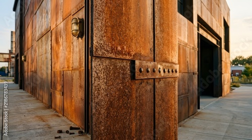 Modern industrial building exterior with weathered corten steel panels and rustic metal texture.
