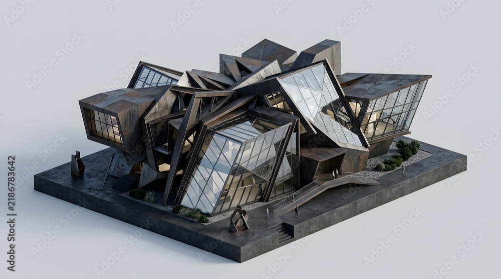 Fototapeta premium Modern architectural concept of a futuristic dark building with glass panels and geometric shapes.