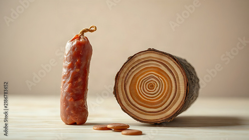 Fototapeta kuchenna Dried saucisson cross-section beside tree log slice, cured meat and wood texture concept