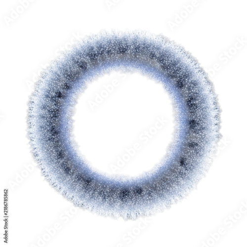 A flawless, symmetrical circular wreath frame composed of millions of floating snow crystals and iridescent silver glitter, volumetric light against a pure black background, festive holiday concept