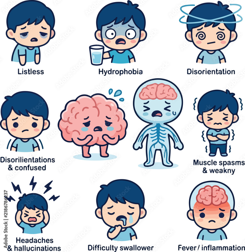 Fototapeta premium Rabies symptoms awareness kawaii medical icon set in shades of blue