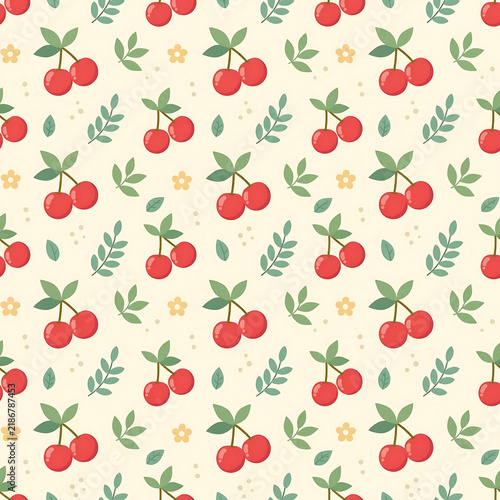 Seamless pattern with cherry red cute fruit with leaves on cream background. Flat vector perfect repeat tile for textile wallpaper wrapping paper fabric packaging summer.