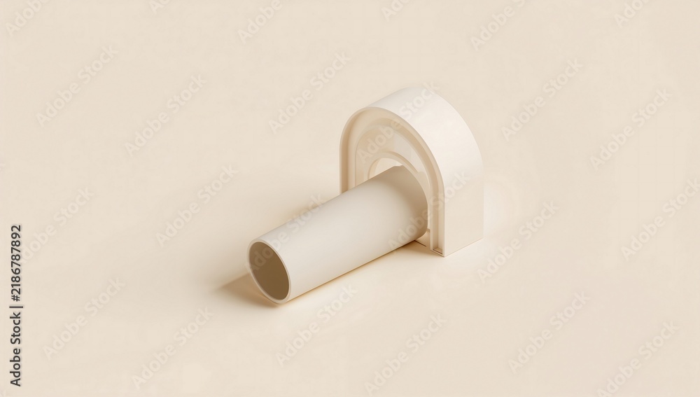 Obraz premium A beige cylindrical tube resting inside a beige arched structure on a solid beige background, creating a soft minimalist abstract composition