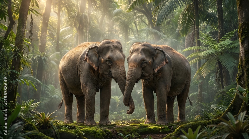 Obraz premium Two Asian Elephants Intertwining Trunks in Lush Tropical Jungle 