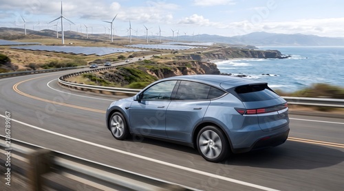 Modern electric car driving on a scenic coastal road near wind farm