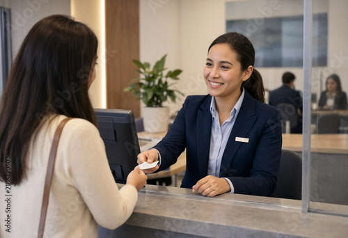 Warm smile meets customer at sleek service counter