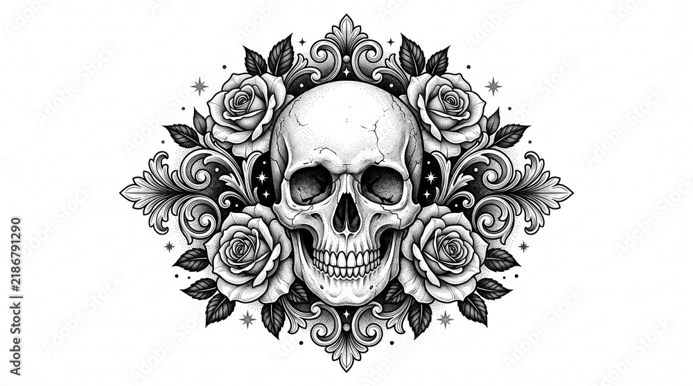 Fototapeta premium Gothic Skull and Rose Tattoo Illustration in Detailed Black Ink