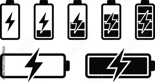 Battery charge status icons with lightning bolt symbols battery level icon set full battery low battery