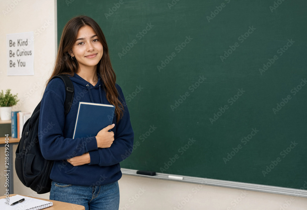 Obraz premium Young student smiles warmly beside green chalkboard