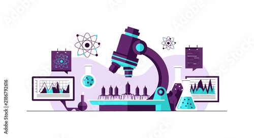 Modern Science Laboratory Flat Illustration with Microscope and Bacteriophage Viruses