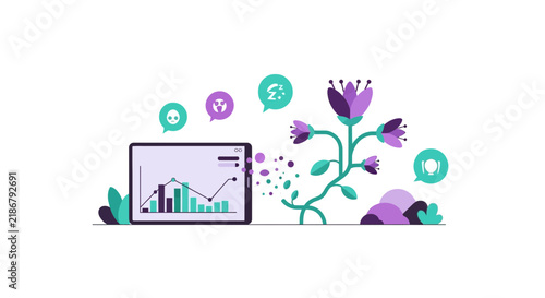 Digital Growth and Sustainable Technology Illustration with Data Charts and Blooming Flower