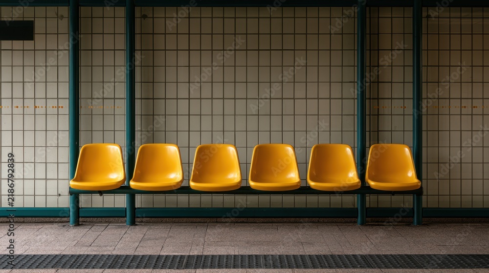 Fototapeta premium Empty row of six modern yellow plastic chairs against tiled wall at public transportation station platform with metal column supports