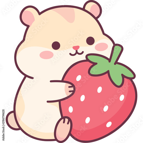 Cute cartoon hamster holding a big sweet red strawberry vector illustration