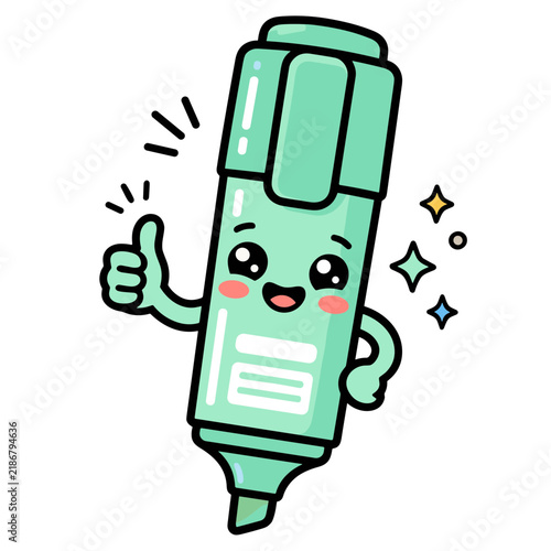 Adorable Green Kawaii Highlighter Marker Mascot Giving Thumbs Up for School Stationery Supplies Design