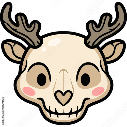 Cute Kawaii Deer Skull Vector Illustration with Antlers and Heart Nose
