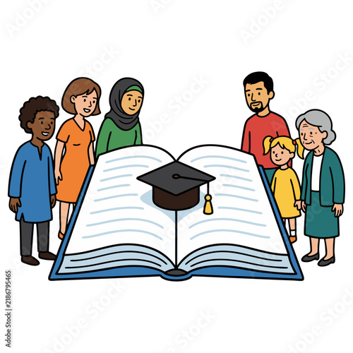 Diverse group of people standing around an open book with graduation cap education learning knowledge students academic literacy teaching university graduate intellect multicultural