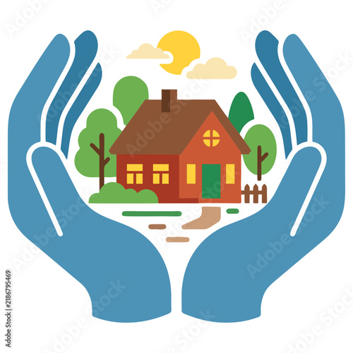 Two large hands cradling a cozy suburban house in a green environment with home protection property insurance real estate housing support eco friendly family home property care housing security