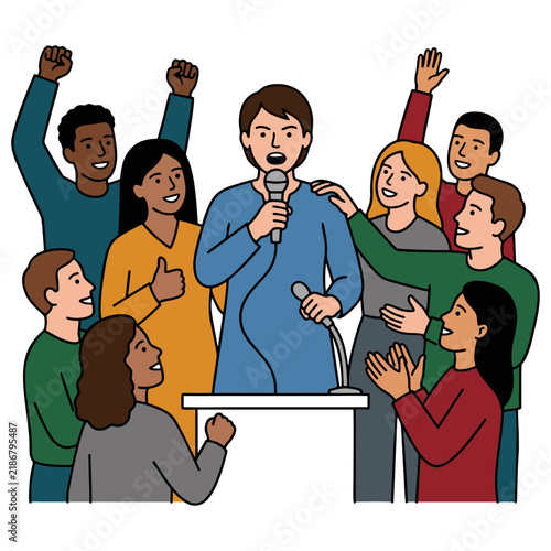 Man speaking into microphone at podium cheered by a diverse audience with public speaker crowd cheering diverse group speaking event conference speaker active listening enthusiastic crowd