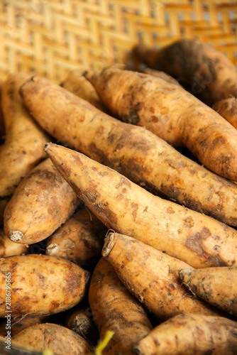 фотографія Fresh sweet potatoes lie close, earthy tones dominate