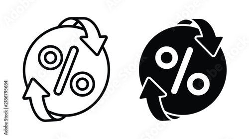Percentage sign inside circle with rotating arrows linear and silhouette icons for financial interest rates exchange market analysis.