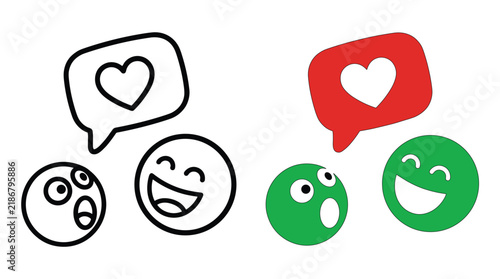 Foto Two emotive faces with red heart speech bubble icon set for social media community sentiment analysis and interactive web user feedback
