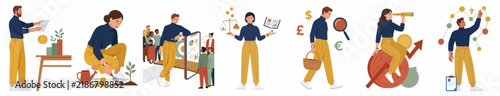 Flat vector illustration set of business people managing finances, investing, and planning for economic growth and success.