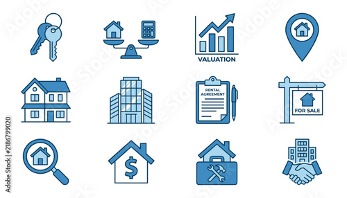 Set of real estate icons featuring house, keys, valuation, rental agreement, for sale sign, and property maintenance symbols