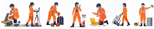 Set of industrial worker characters in orange safety coveralls performing various maintenance, technical, and operational tasks on a white background.
