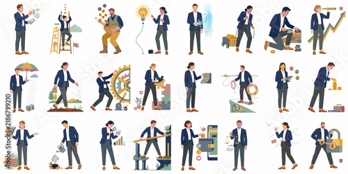 Comprehensive flat vector illustration set depicting various business and financial concepts like investment, growth, innovation, and risk management through diverse character actions.