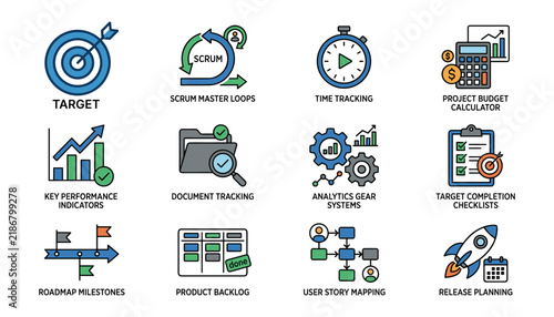 Set of project management and agile methodology icons including target, scrum, time tracking, budget, kpi, document tracking, analytics, and roadmap milestones