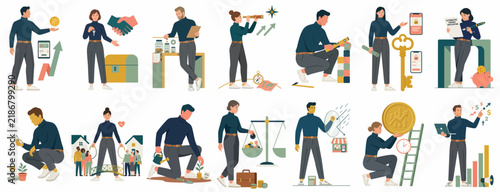 Comprehensive collection of business and finance flat illustrations depicting characters managing money, setting goals, and achieving personal growth through various professional activities.